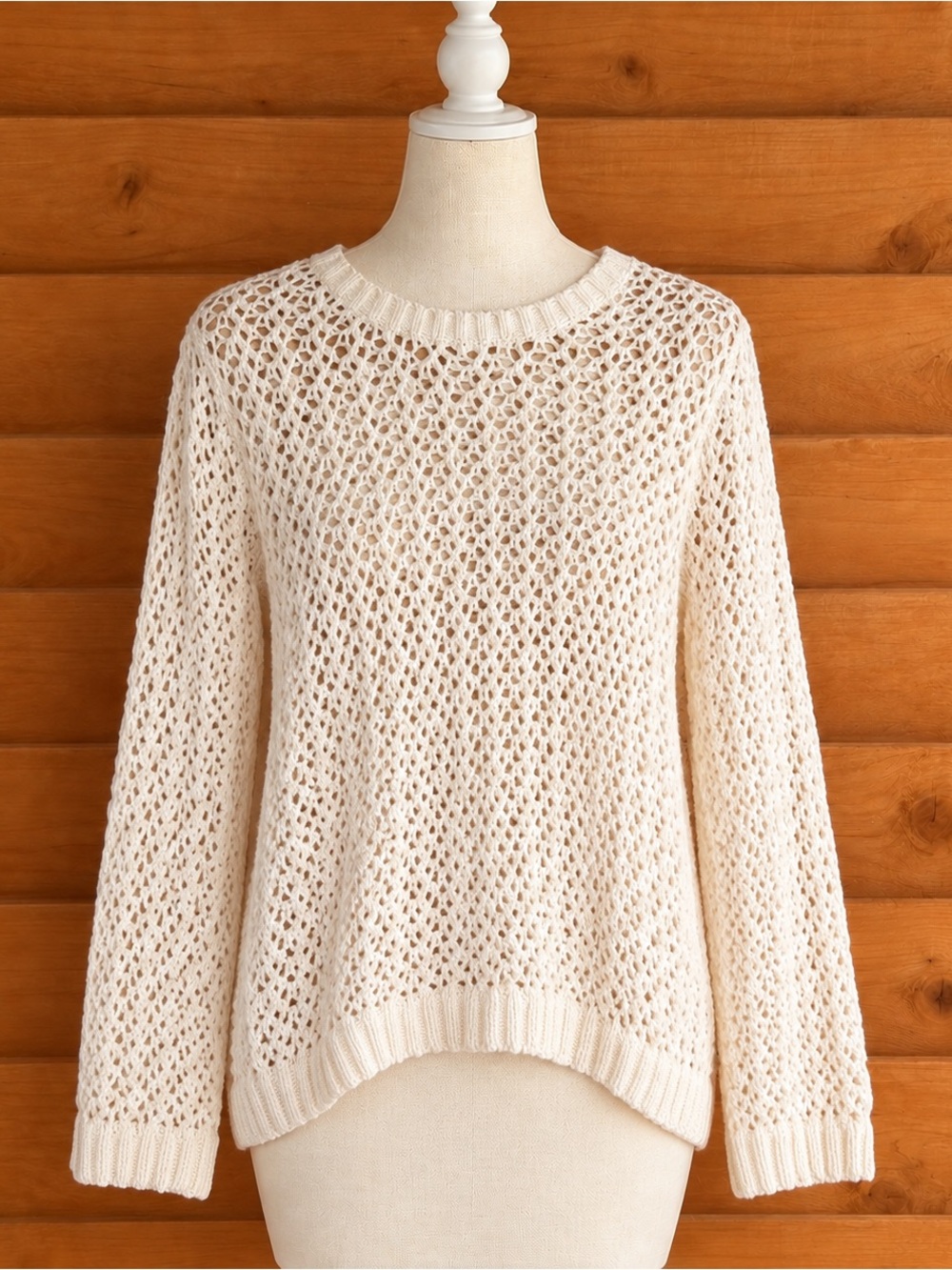 June Ivy Lightweight Cream boho costal beachy open-Weave Crewneck Sweater S